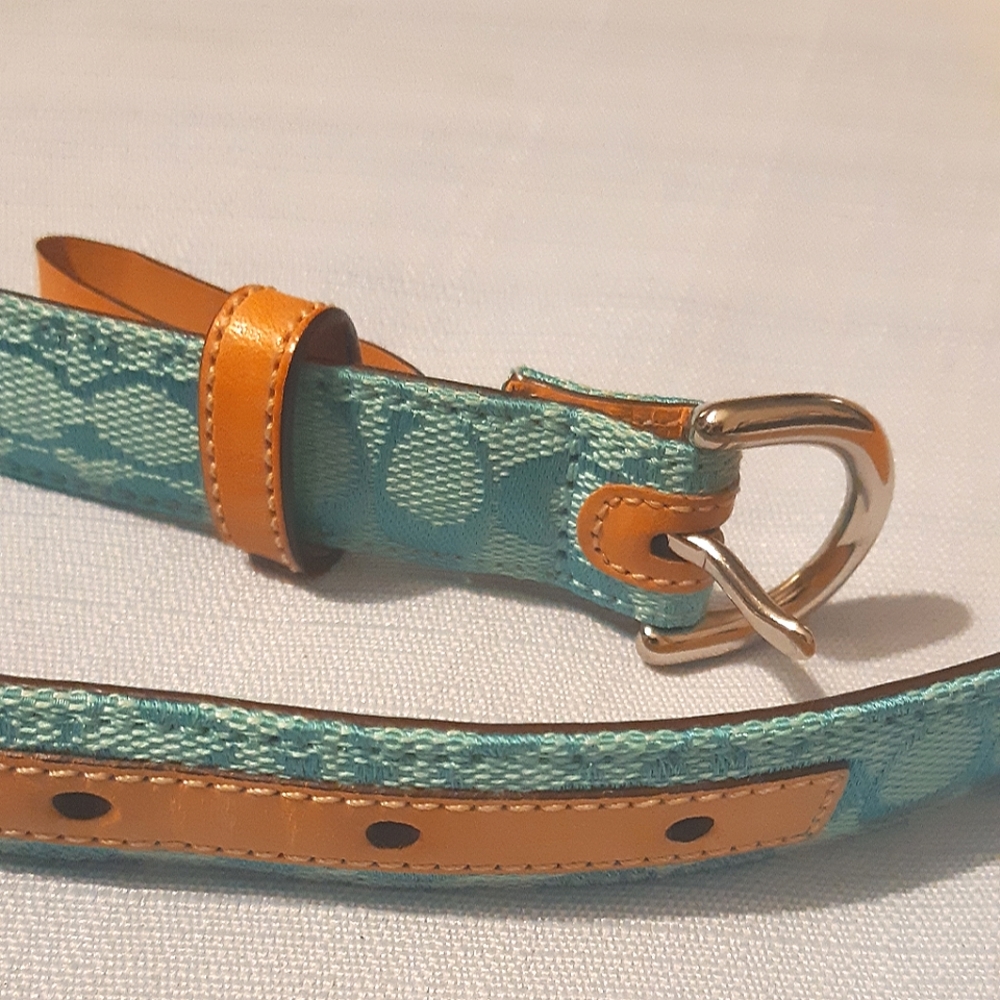 COACH • Turquoise Leather Textile Monogram Skinny Belt • Small